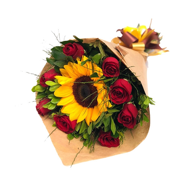Buquê Girassol com Rosas Vermelhas